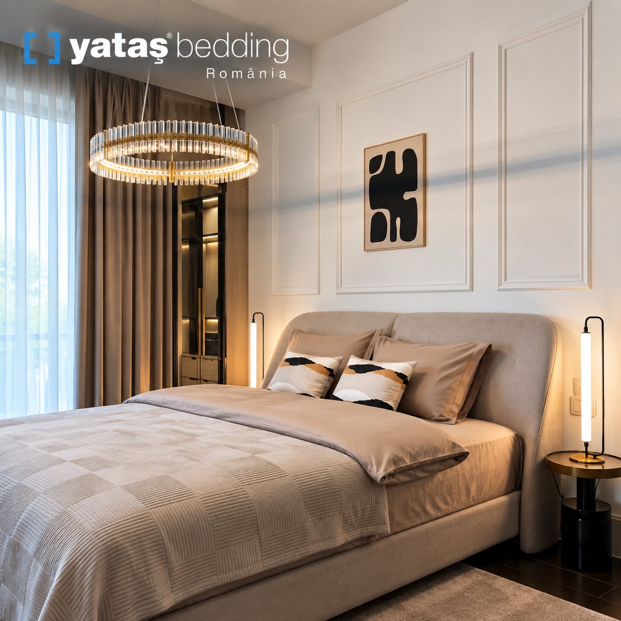 Penthouse amenajat complet – Dormitor cu pat îmbrăcat în textile Yataș