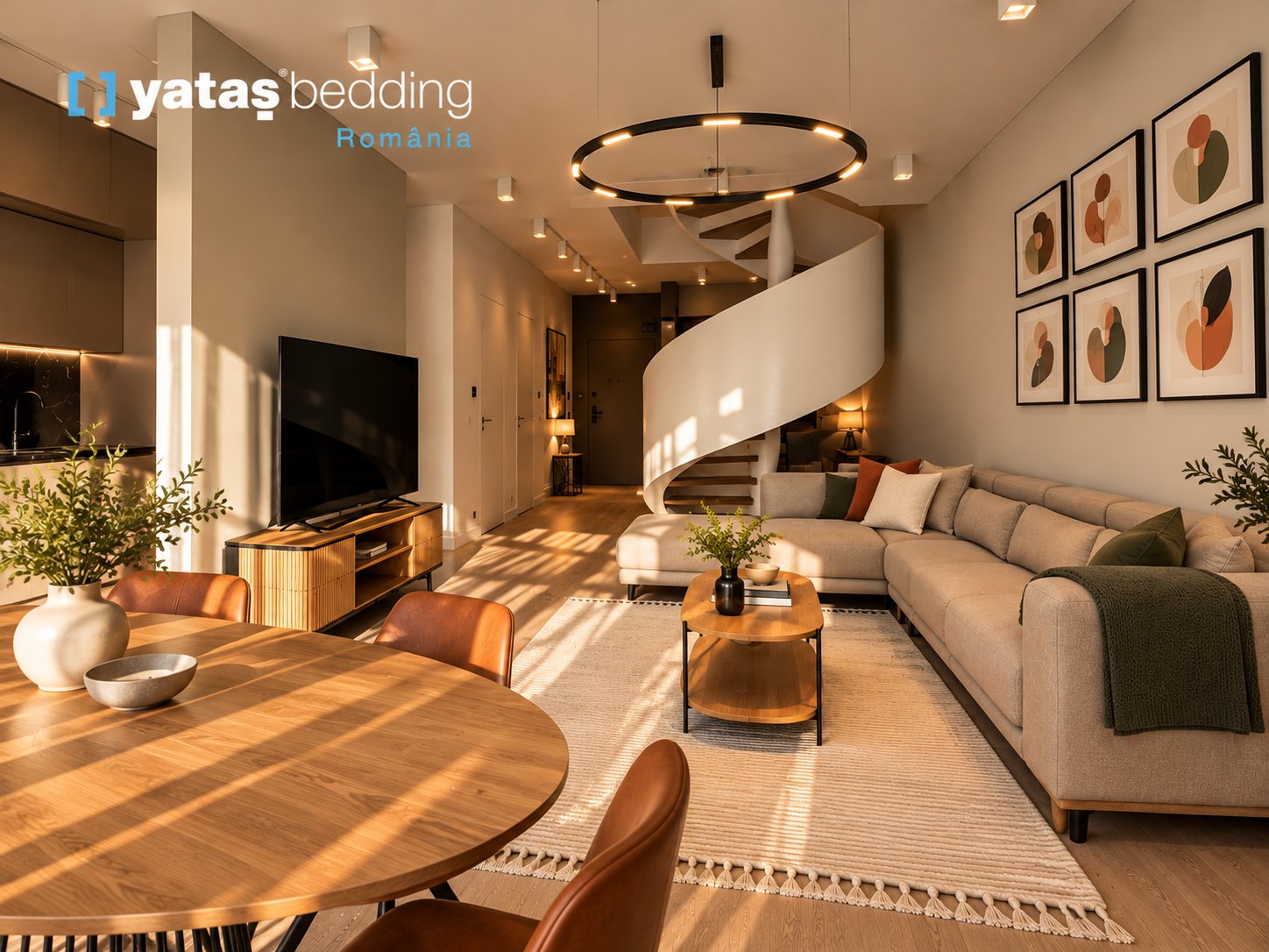 Apartament One Rahmaninov amenajat complet – living cu scară în spirală
