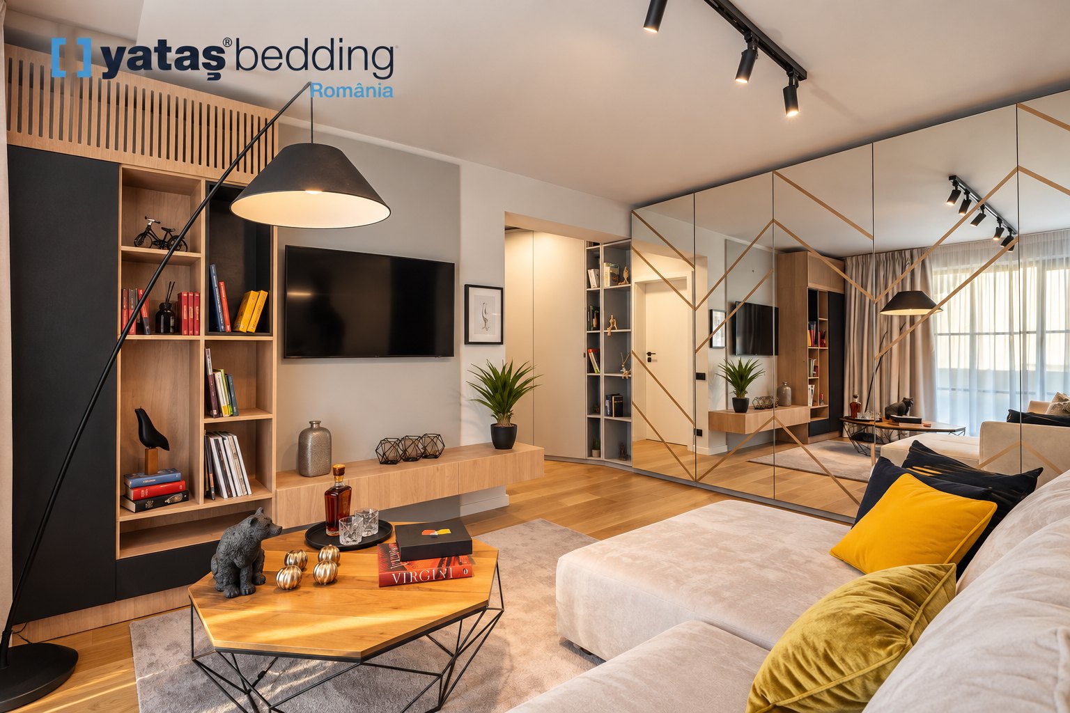 Apartament LaRocca Residence amenajat complet – living cu perete de oglinzi